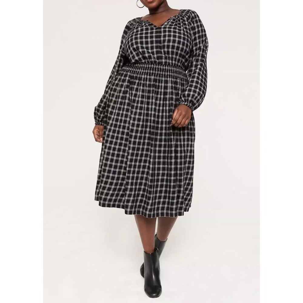 Lane Bryant Plaid Flannel Midi Shirt Dress Black White Tartan Smock Size 22 NWT